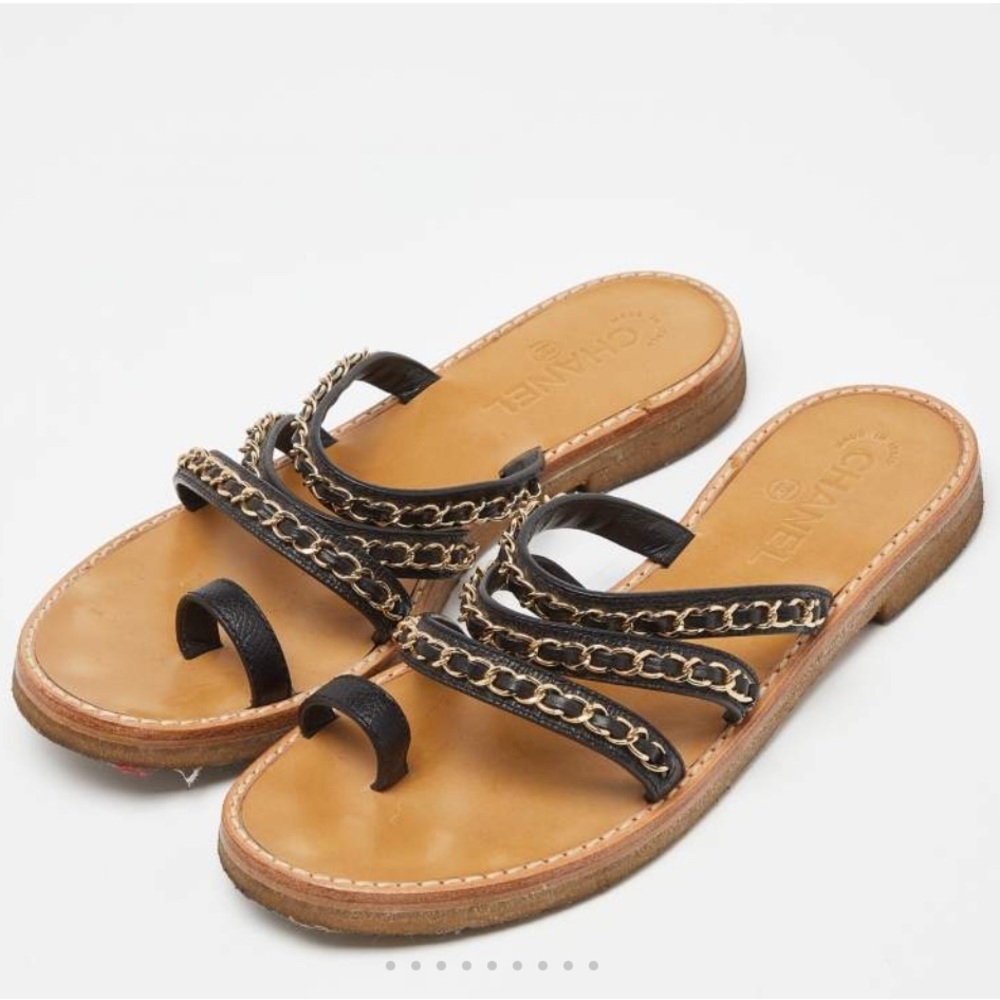 Chanel black leather gold chain strap toe sandals flats sz 38.5